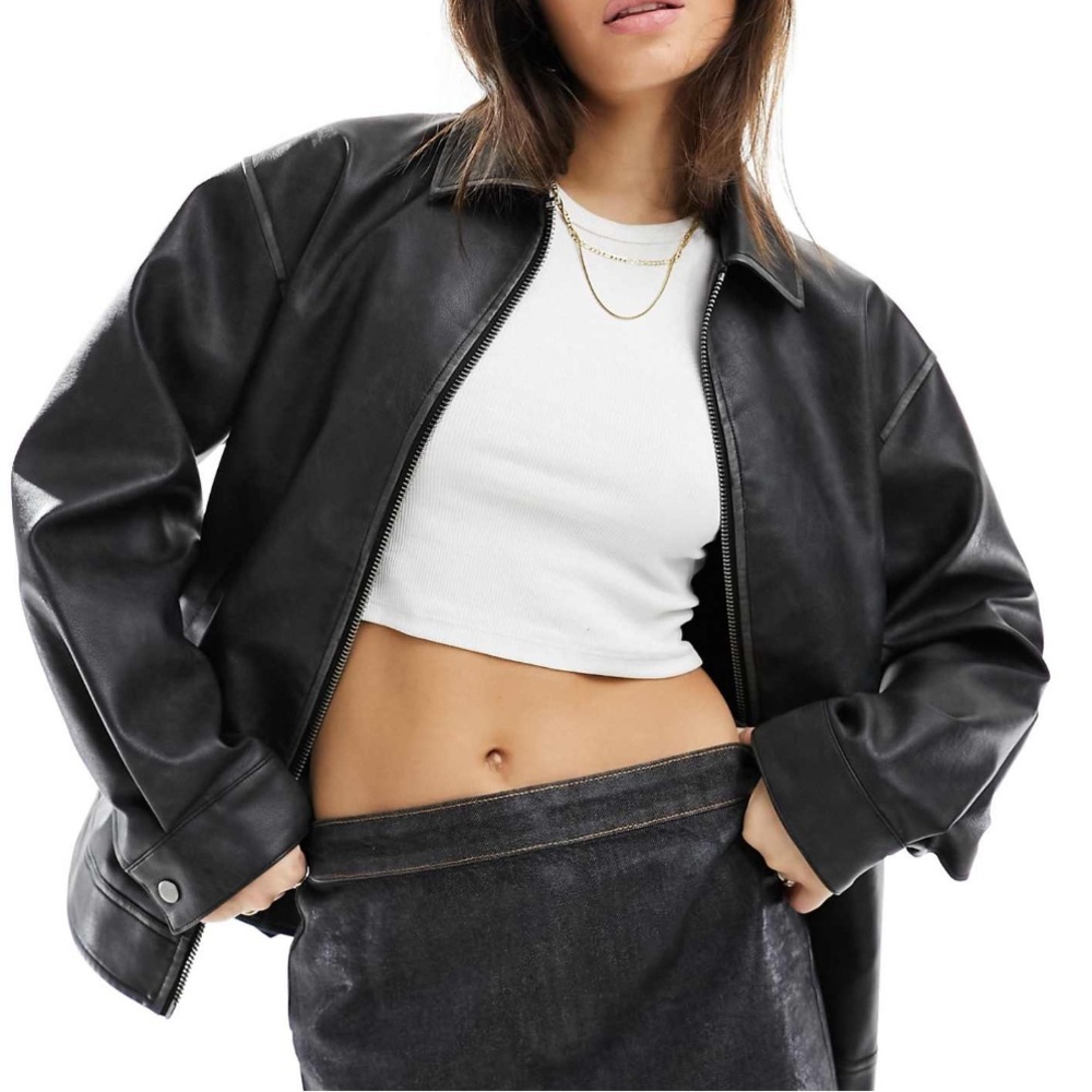 Washed black denim oversized leather bomber jacket